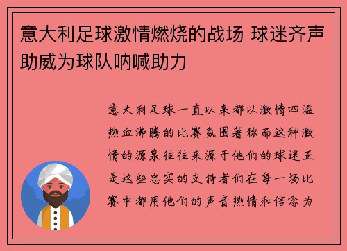 意大利足球激情燃烧的战场 球迷齐声助威为球队呐喊助力