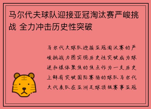 马尔代夫球队迎接亚冠淘汰赛严峻挑战 全力冲击历史性突破