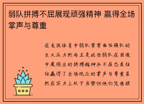 弱队拼搏不屈展现顽强精神 赢得全场掌声与尊重