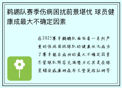 鹈鹕队赛季伤病困扰前景堪忧 球员健康成最大不确定因素